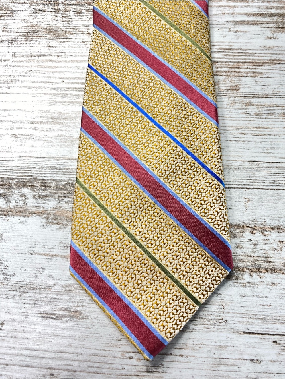 Bruno Piattelli Roma Vintage 100% Silk Tie Gold Burgundy Blue Striped 59”